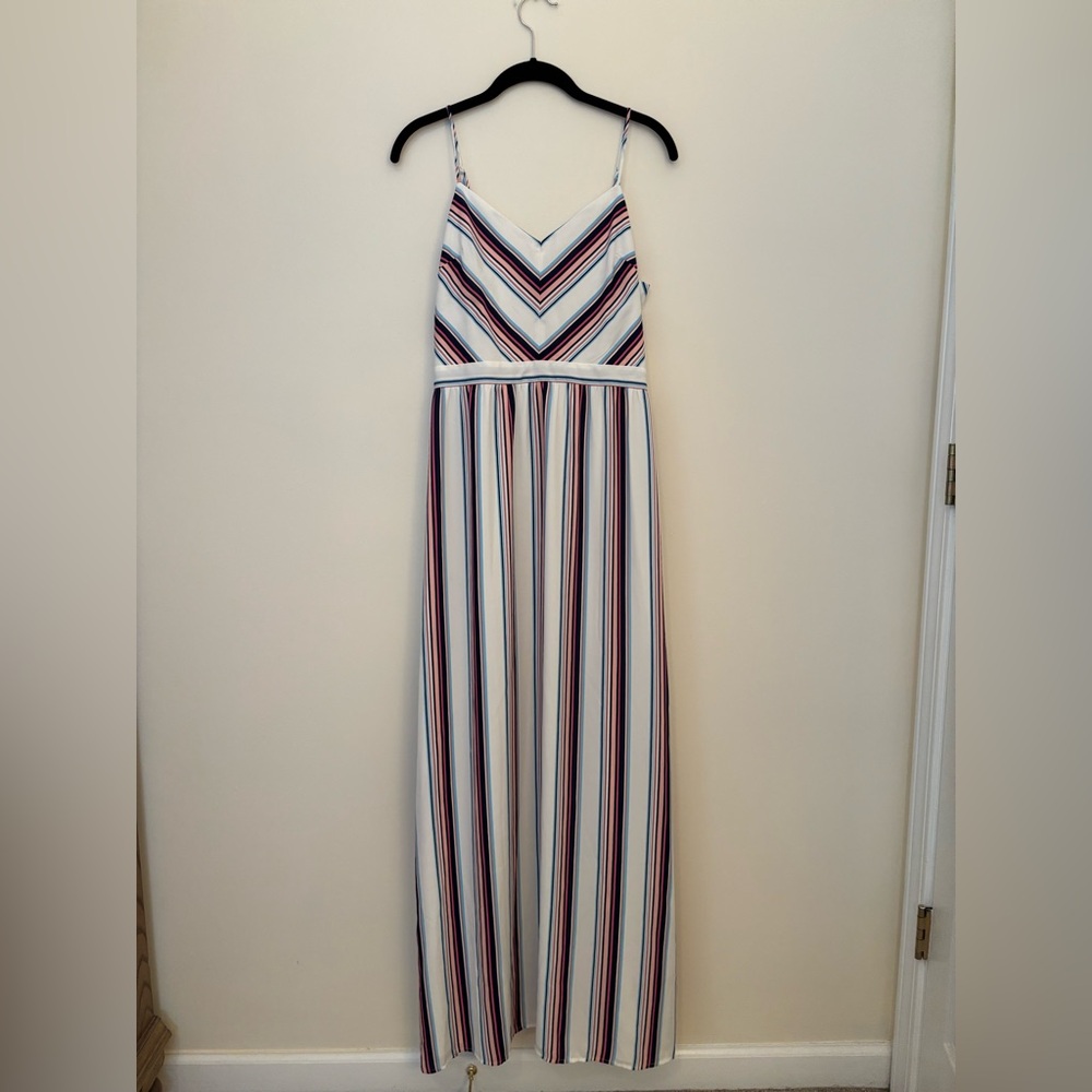 Charles Henry White Maxi Dress with Navy and Burgundy Stripes